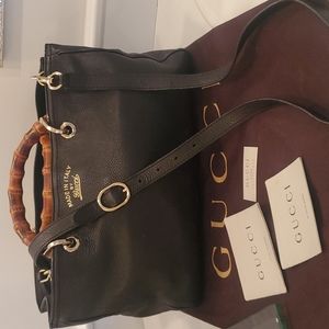 Gucci Black Pebbled Leather Bamboo Top Handle Medium Tote Bag